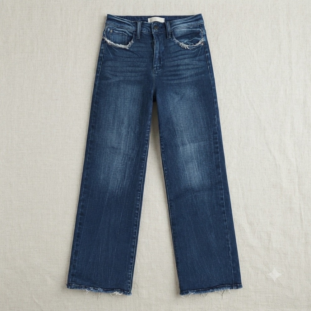 Petra 153 Womens High Rise Wide Leg Jeans Dark Wash Raw Hem Size 5/26